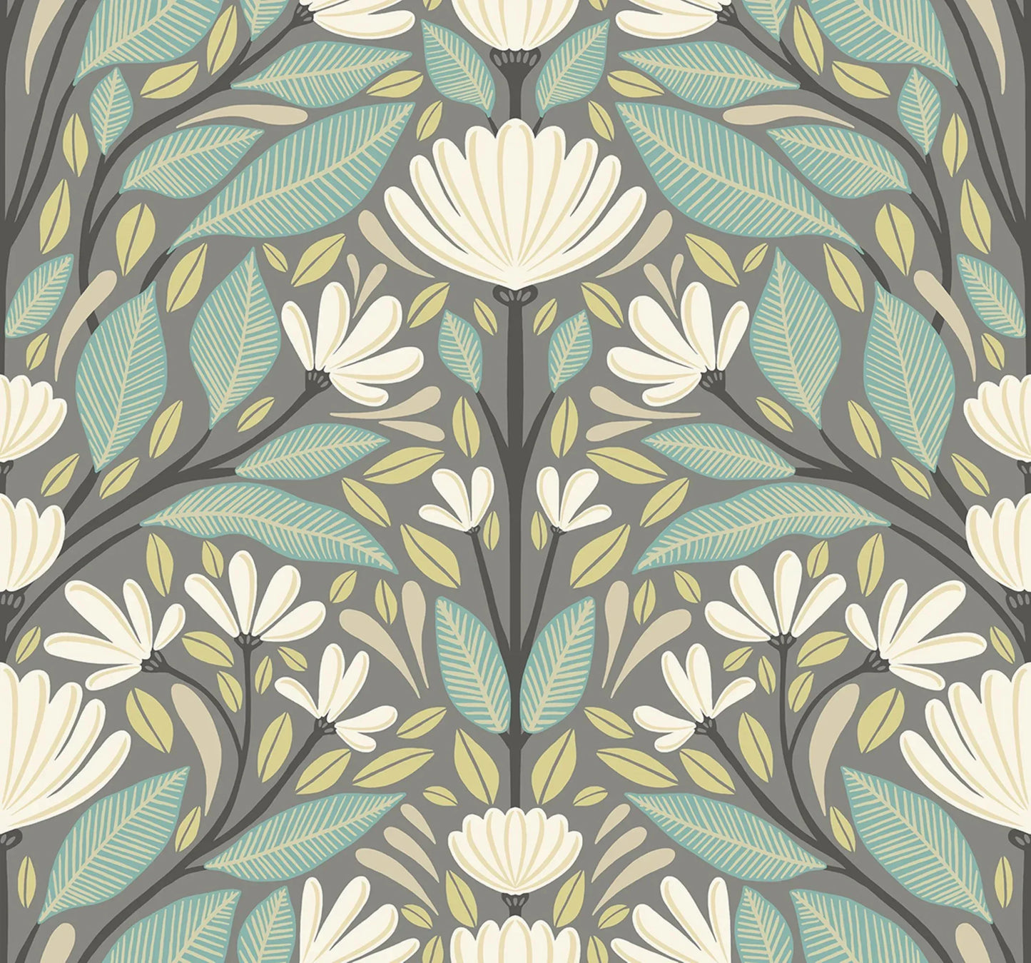 Painted Floral Wallpaper with white flowers, green and teal leaves on a gray background in vintage style.