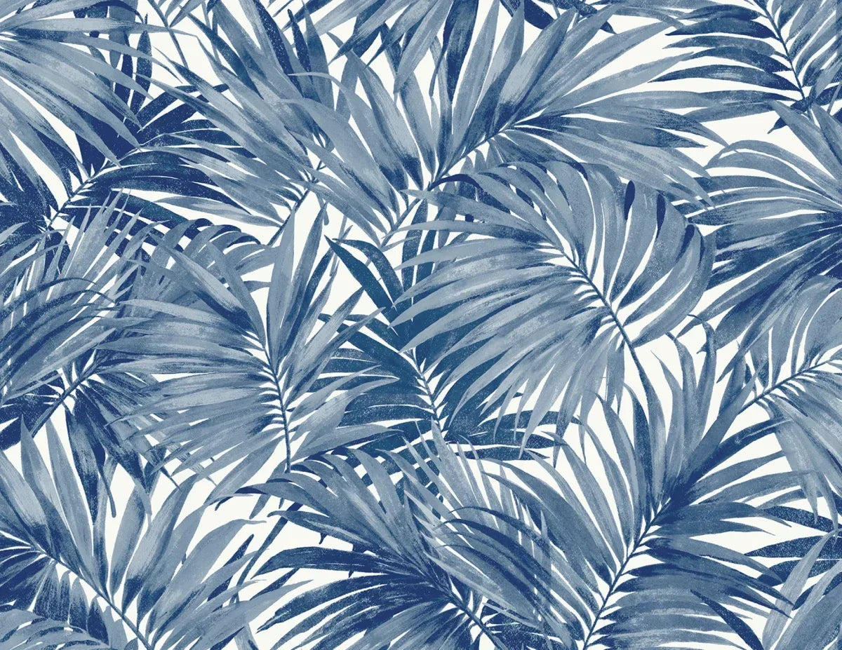 Exotic Palms Commercial Vinyl features blue palm leaves in a dense tropical embossed pattern on a white background.