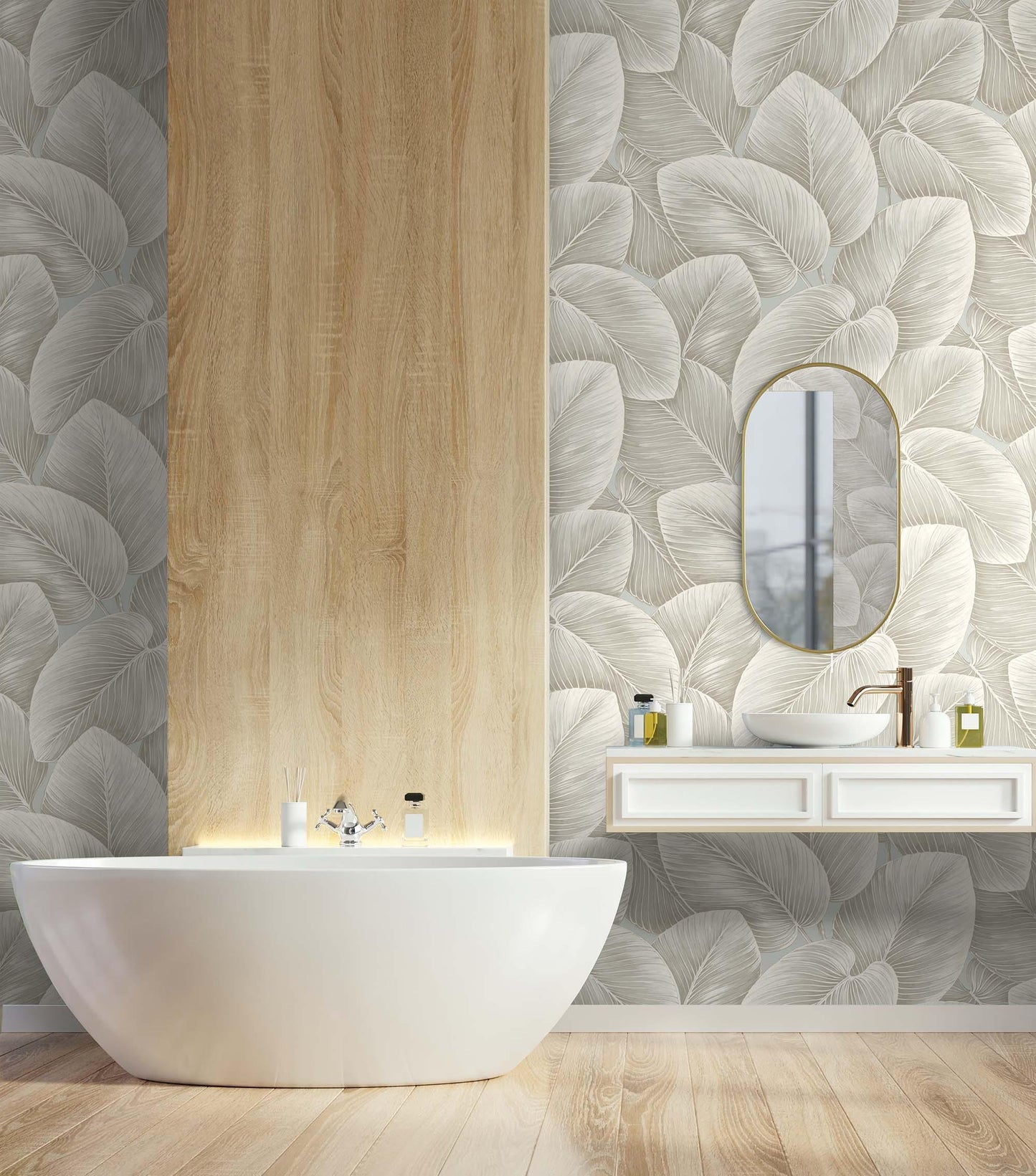 Modern bathroom with Leafy Murals wallpaper, white oval tub, wooden panel, and oval mirror above a white sink.