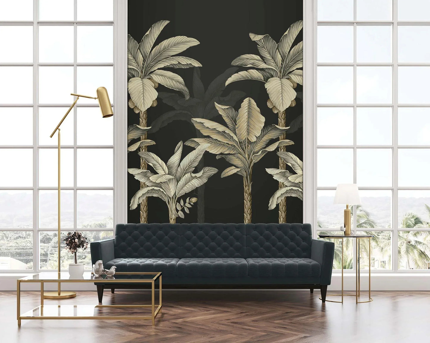 Modern living room with Tropical Palms Murals, navy sofa, gold floor lamp, and stylish palm tree views.