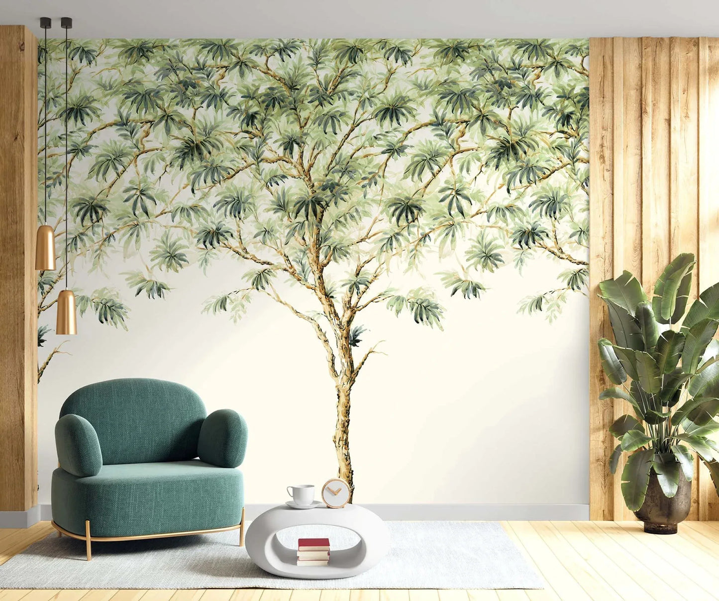 A living room with Tree Canopy Murals wallpaper, green armchair, white coffee table, pendant lights, and a potted plant.