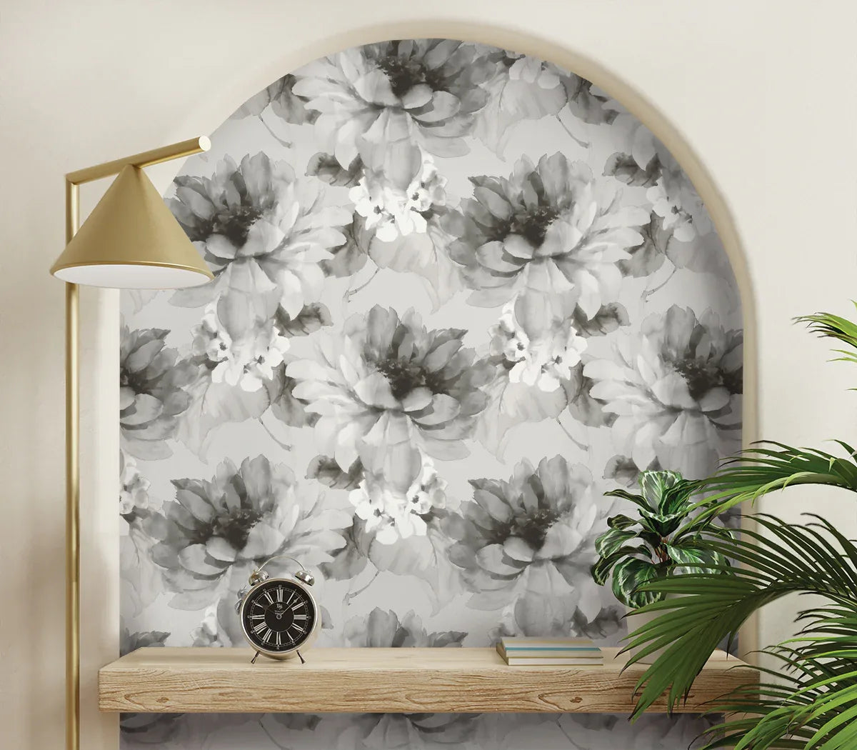Arched alcove with Aquarelle Floral Peel Stick wallpaper, a shelf holding a clock, plant, and gold lamp above.