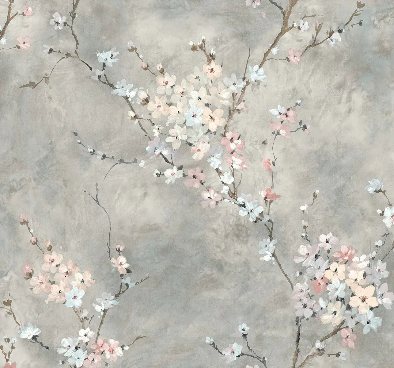 Blossom Branch Peel Stick wallpaper features delicate pink and white cherry blossoms on a soft, textured gray background.