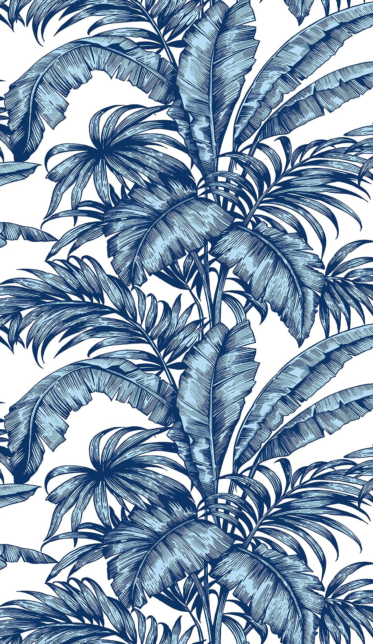 Rainforest Palm Peel Stick features blue and white tropical palm and banana leaves on removable wallpaper.