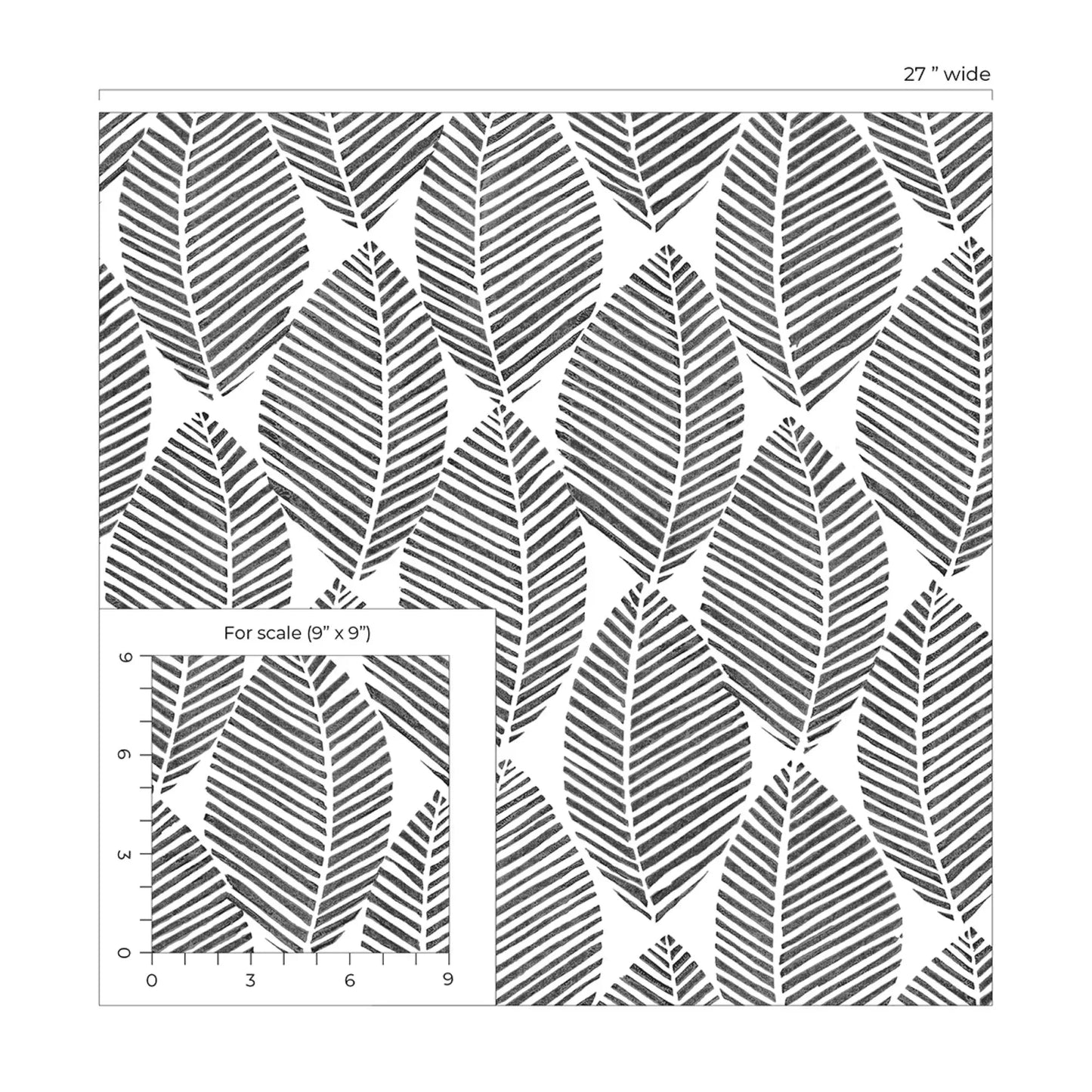 Spot Leaves Peel Stick wallpaper features black and white striped leaves with a size chart in inches.