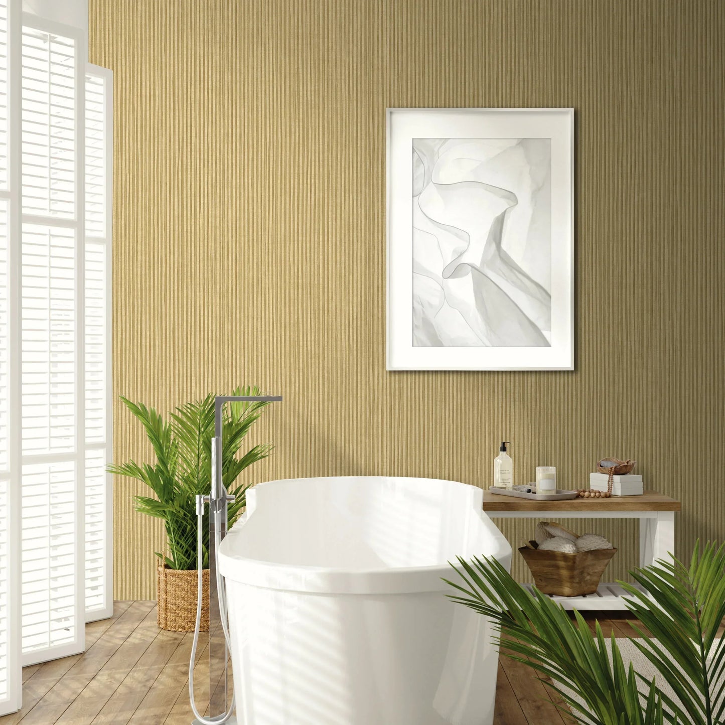 Modern bathroom with a white tub, green plants, abstract art, and Stria Velvet Imitation Wallpaper lit by sunlight.