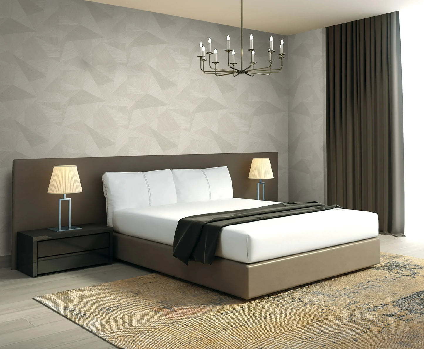 Modern bedroom with a double bed, bedside tables, chandelier, and Geometric Triangles Wallpaper for a stylish touch.
