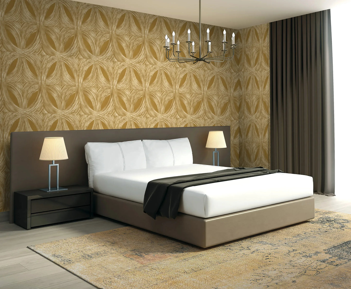 Modern bedroom with a beige bed, two lamps, a chandelier, and Criss Cross Wallpaper for a contemporary look.