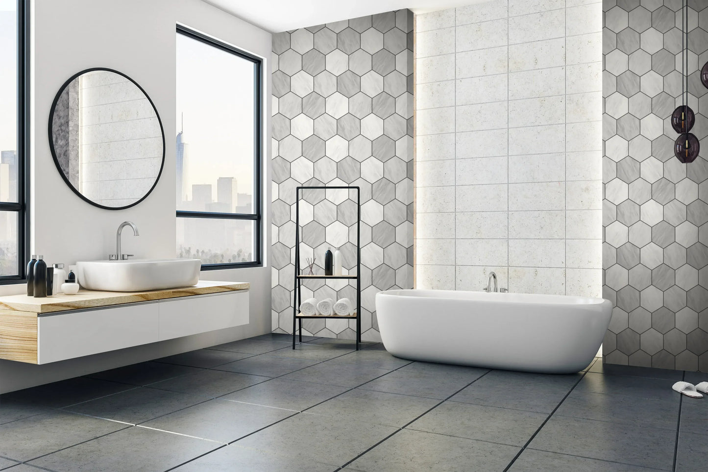 Modern bathroom with a freestanding tub, luxury decor, round mirror, shelf with towels, and Hexagon Tiles Wallpaper.