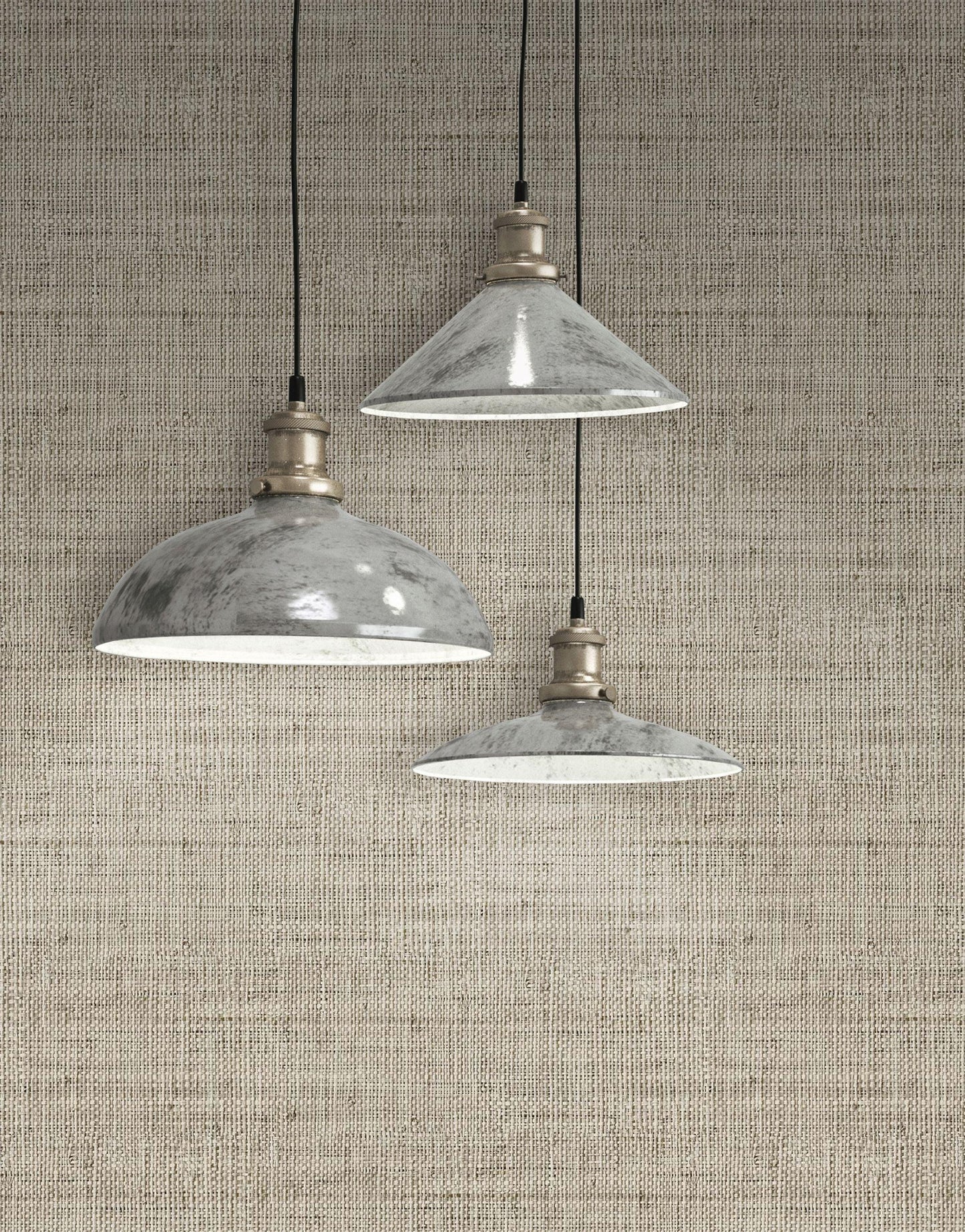Three pendant lights hang before Linen Fabric Commercial Vinyl wallpaper in a warm beige color.