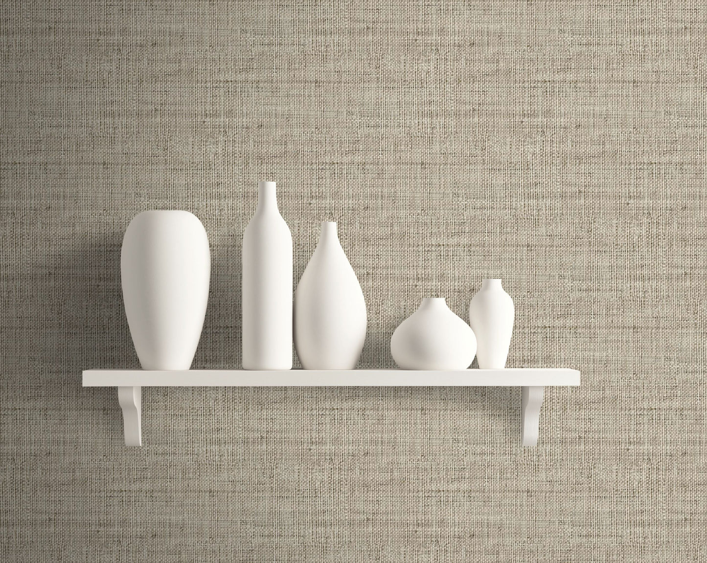 Set of white ceramic vases on a white shelf against a wall decorated with Soft Brown Linen Fabric Commercial & Vinyl.