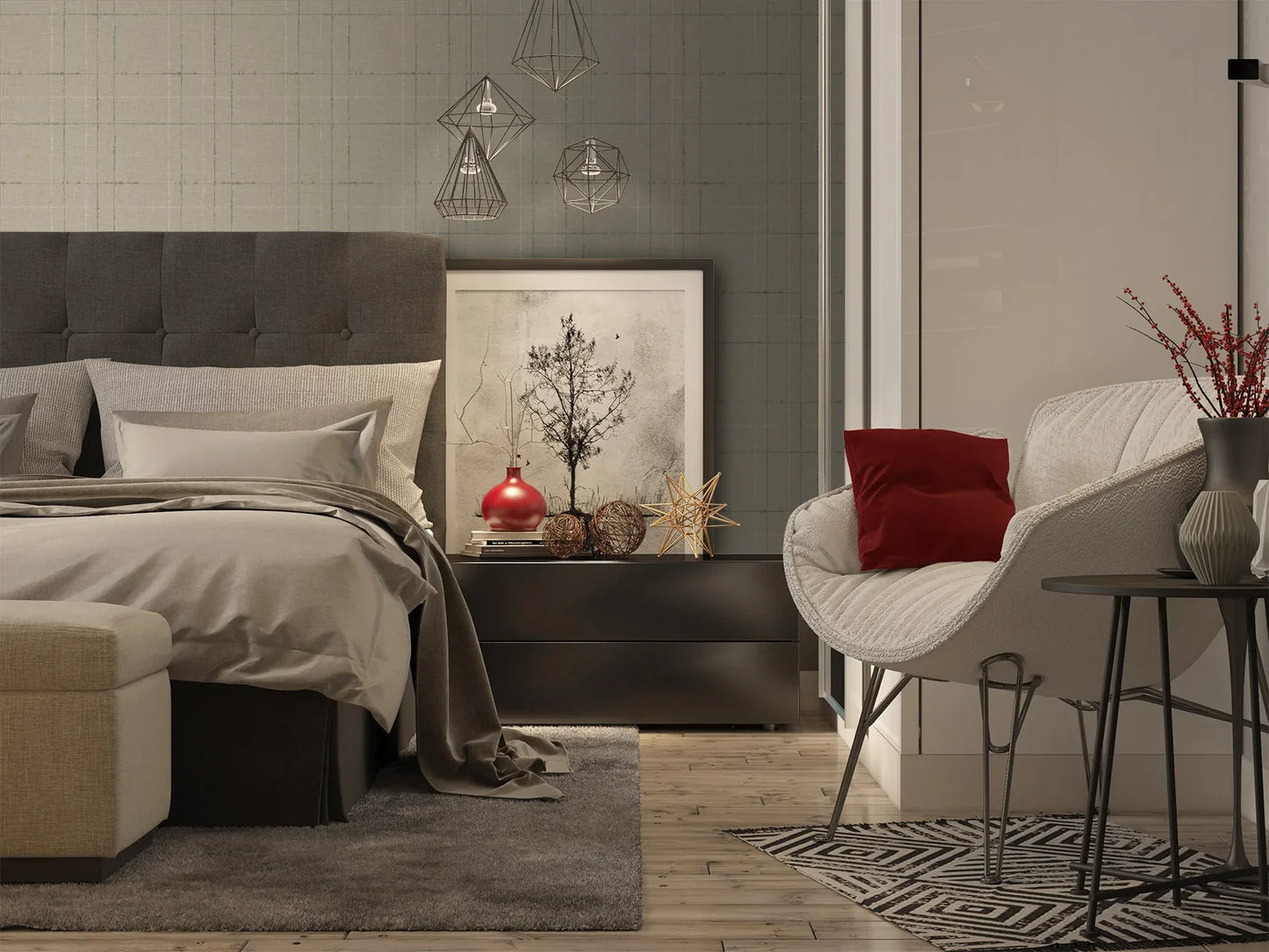 Modern bedroom with gray upholstered headboard, bed, and side table against a wall decorated with Hazel Plaid Texture Commercial & Vinyl.