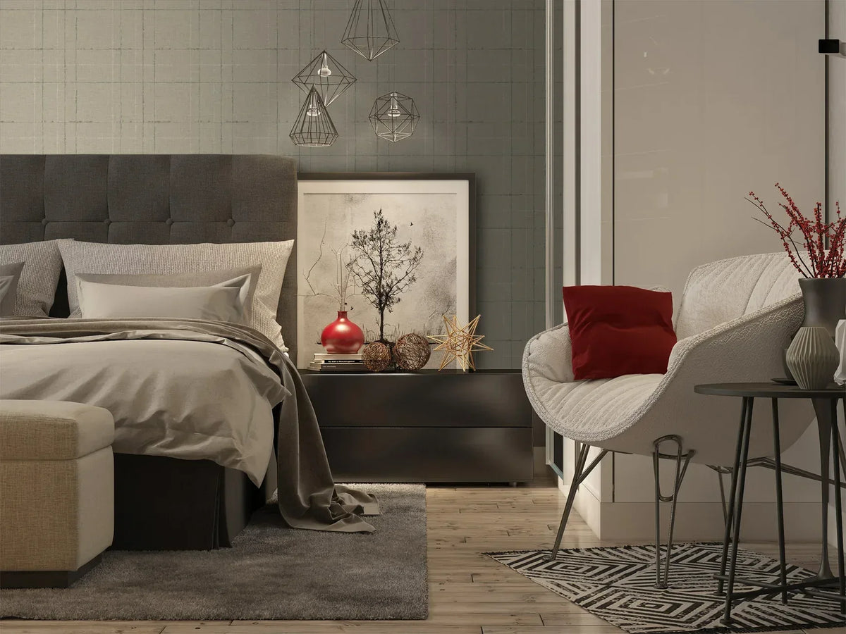 Modern bedroom with a gray bed, nightstand, red pillow, and Plaid Texture Commercial Vinyl wallpaper for a sleek look.