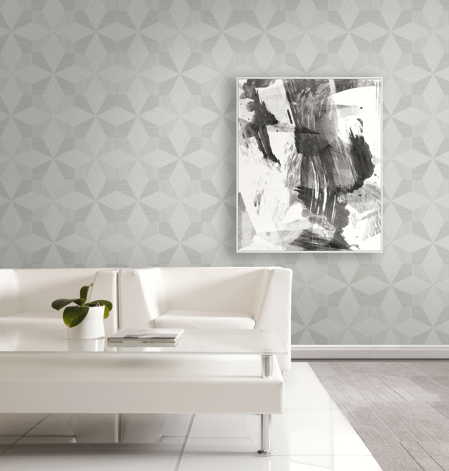 Abstract black and white painting on a wall decorated with Gray Texture Parquet Commercial & Vinyl
above a white sofa.