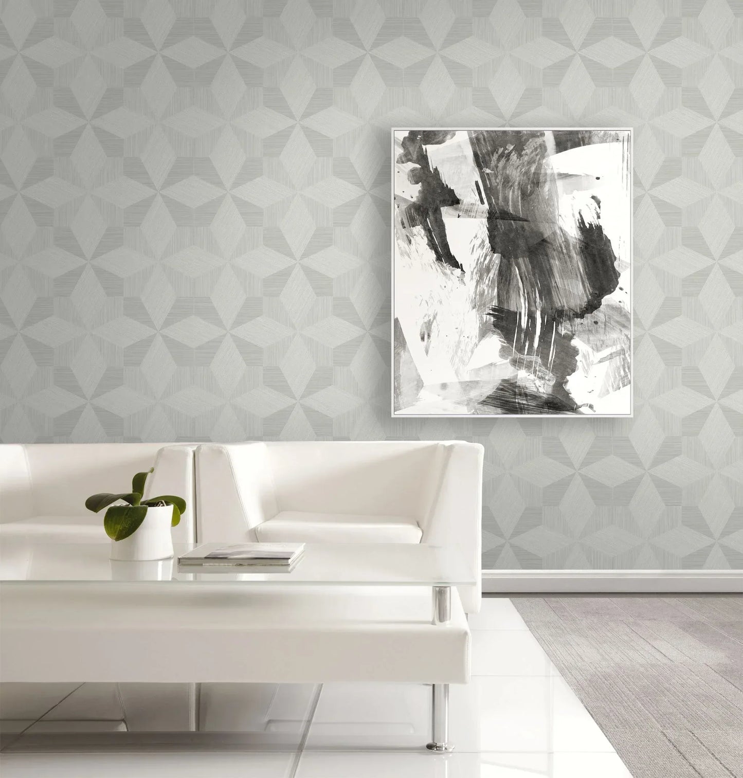 Minimalist living room with white furniture, potted plant, and abstract art on Texture Parquet Commercial Vinyl wallpaper.