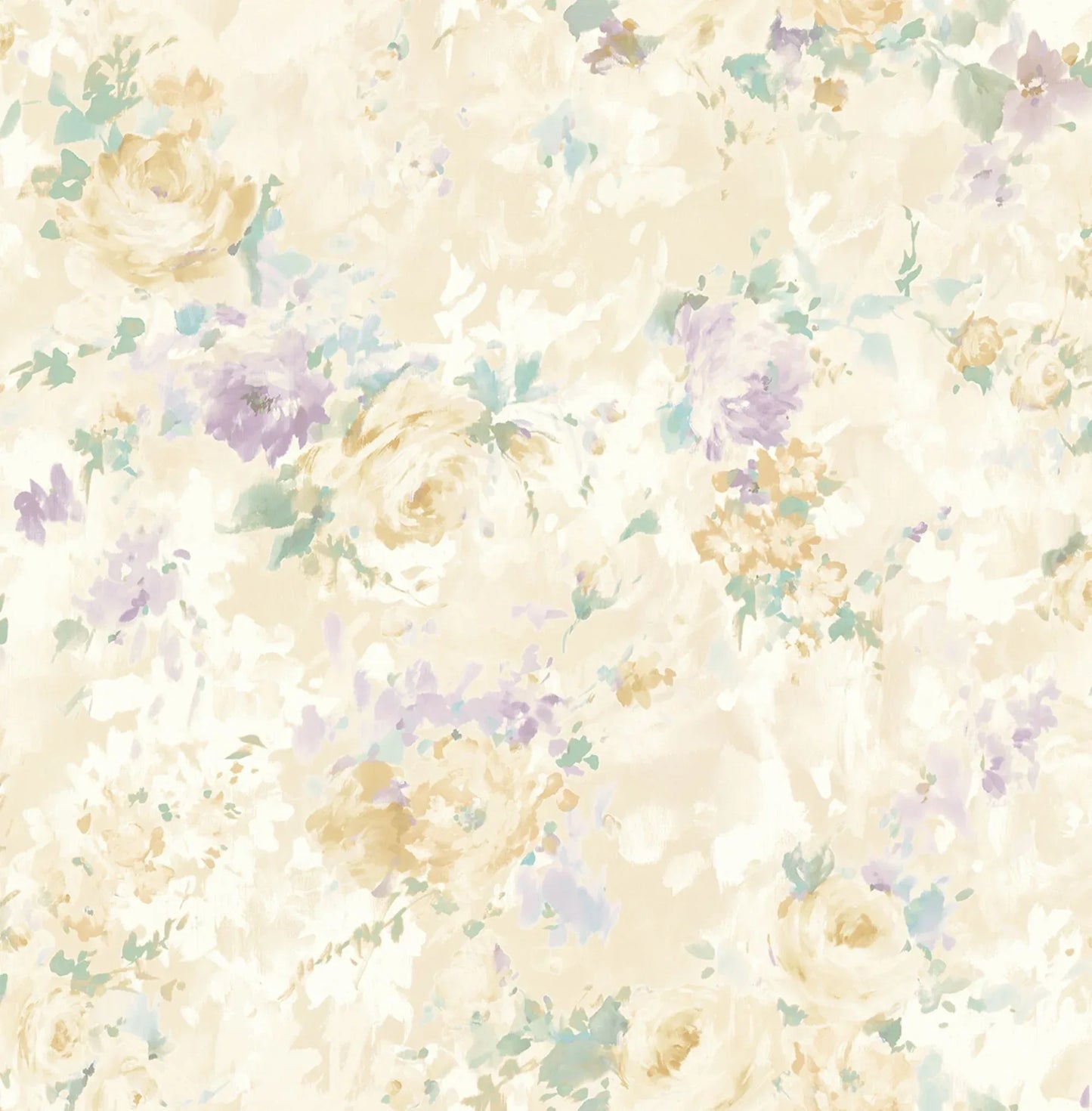 Rose Garden Wallpaper features cream, lavender, and yellow pastel florals on a soft beige background.