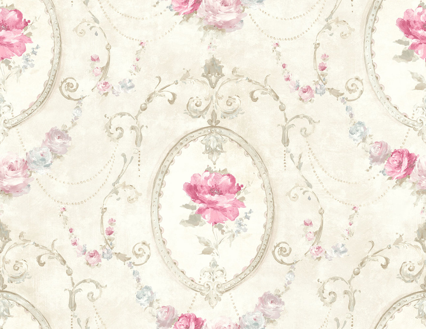 Decorative Wallpaper Beige & Pink Medallion Flower close-up.