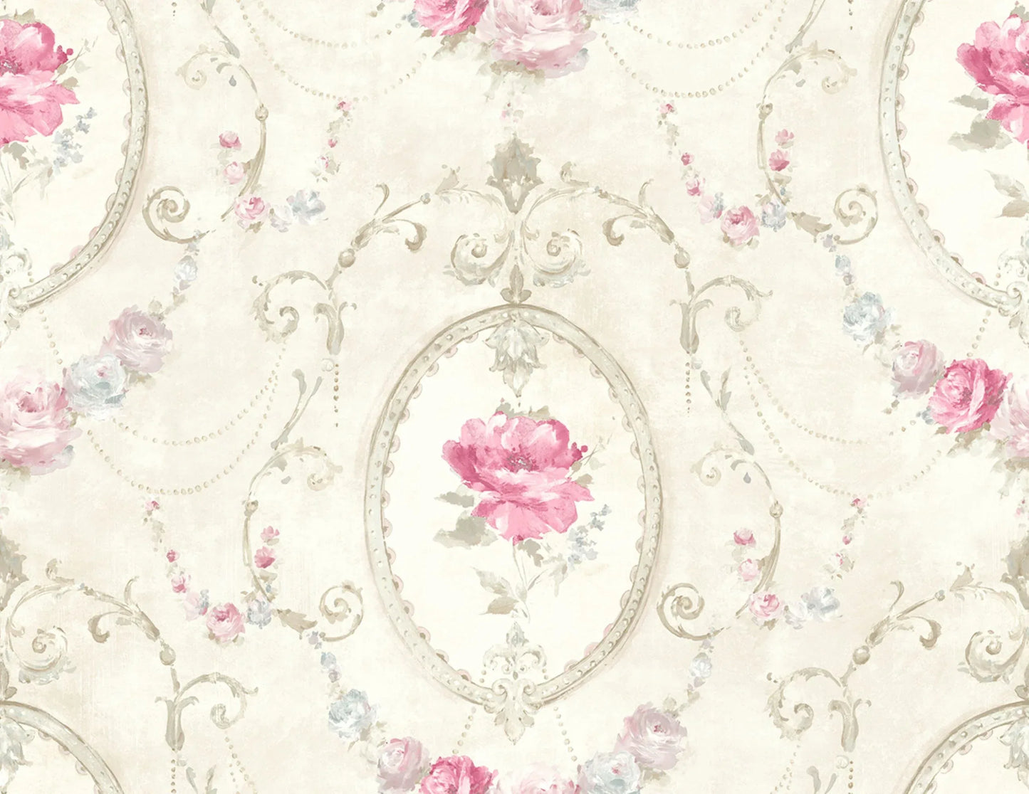 Medallion Flower Wallpaper features vintage pink roses in ornate frames for a French countryside look on nonwoven paper.