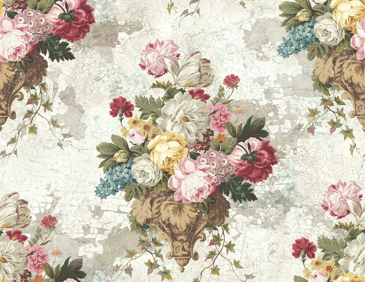 Floral Bunch Wallpaper features bouquets in ornate vases on a distressed, crackled background for vintage French charm.