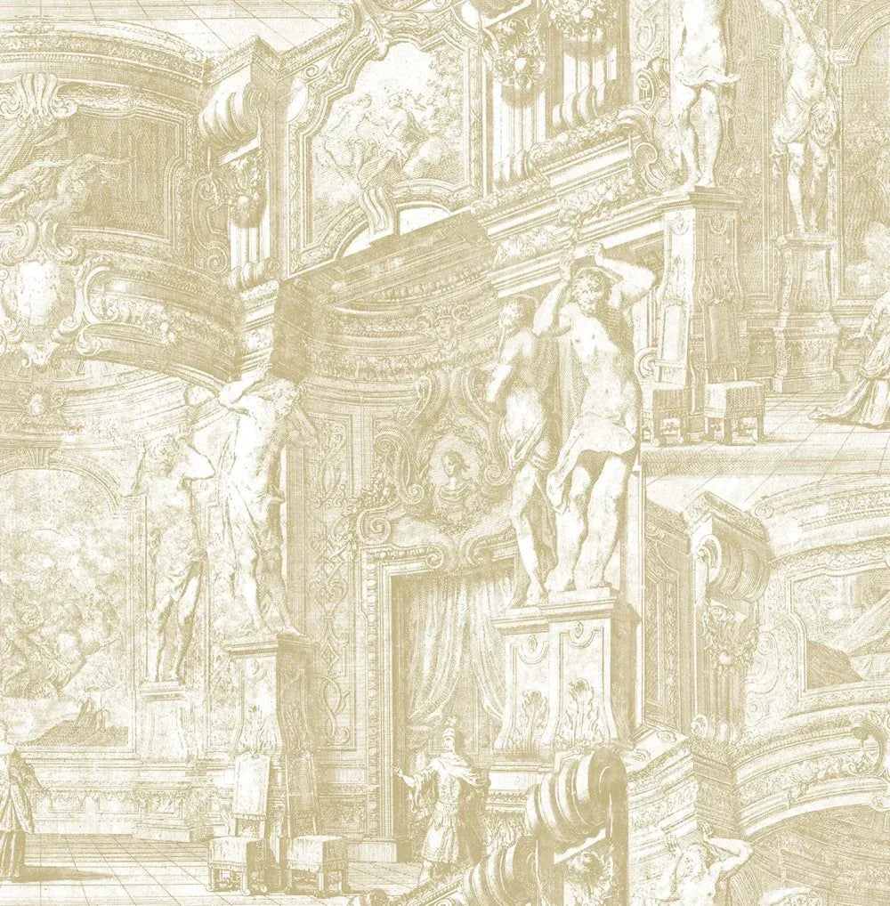 Monument Wallpaper: Sepia classical drawing with statues, columns arches—an elegant hand-drawn wall accent.