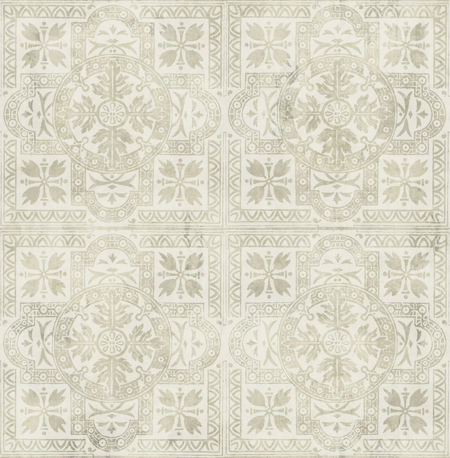 Tiles Wallpaper in gray and white features checkered patterns with geometric and floral designs in four square sections.