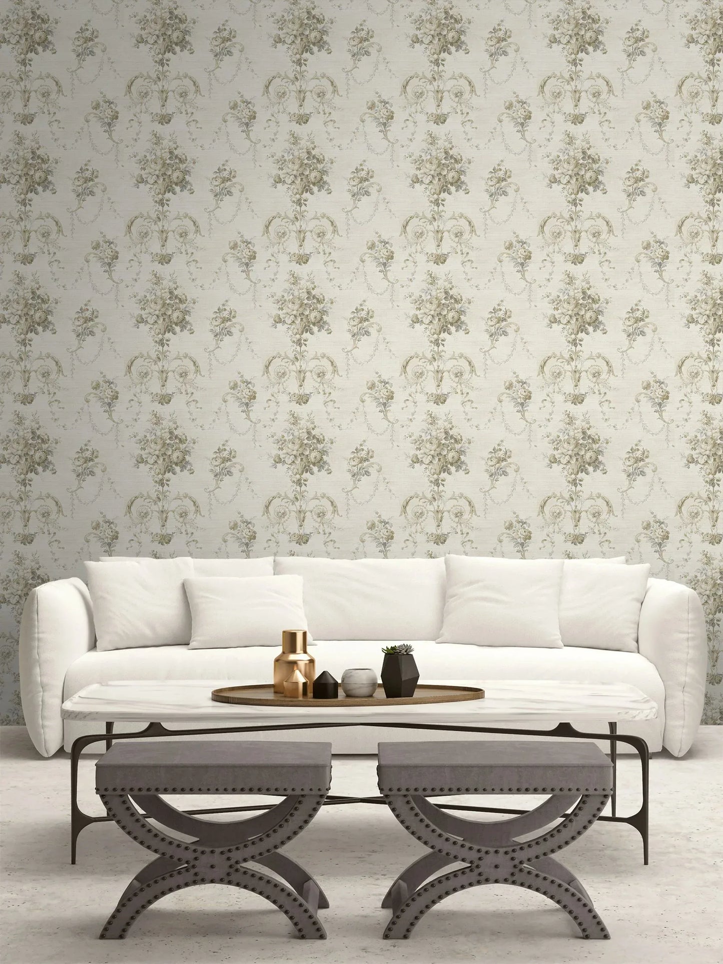 White sofa with a metal coffee table and gray stools, set against Floral Tapestry Wallpaper in the background.