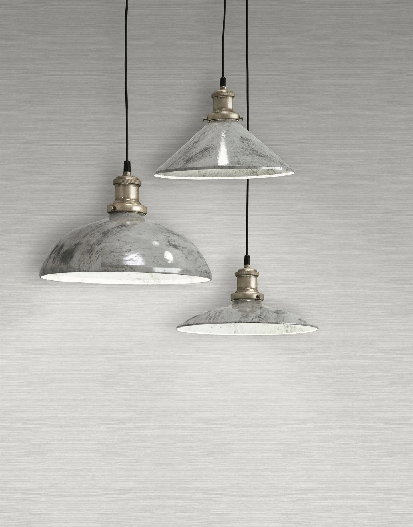 Three metal pendant lights hang against Thin Grasscloth Effect Wallpaper featuring a subtle, minimal woven texture.