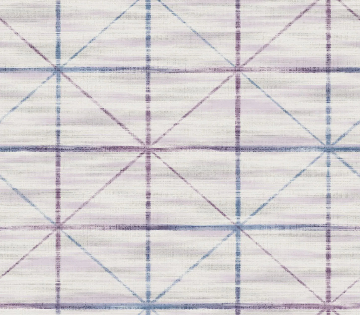 Metallic Squares Wallpaper features blue and purple geometric lines forming squares and X shapes on textured off-white.