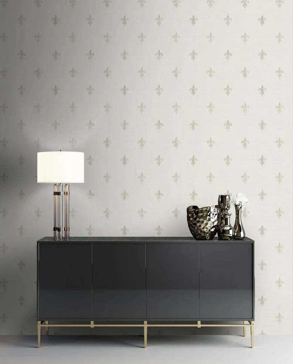 Modern sideboard with a lamp, metallic decor, and flowers against elegant French Lily Wallpaper for a classic touch.