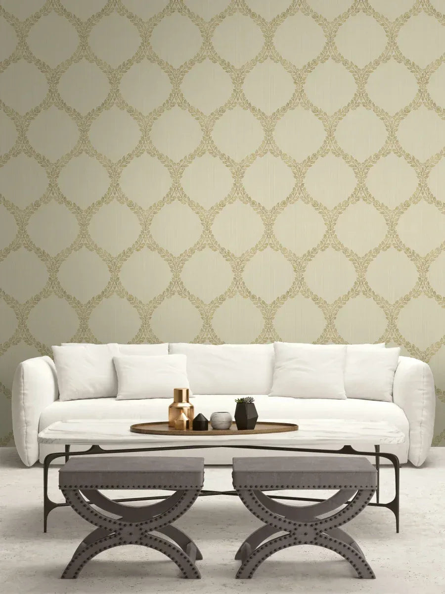 Elegant living room with a white sofa, marble coffee table, and gold trellis Medallion Wallpaper.