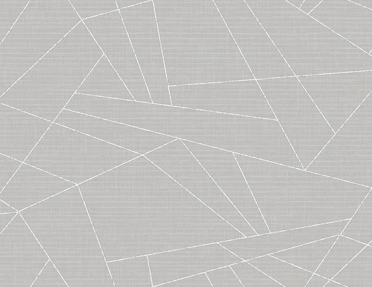 Geo Triangles Wallpaper in light gray features thin white lines forming an abstract triangle pattern.
