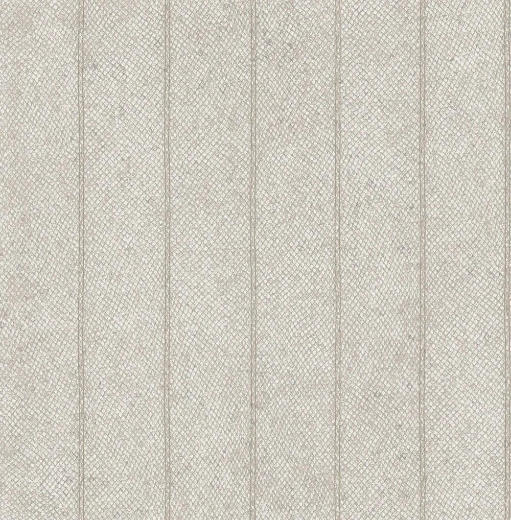 Jungle Stripe Wallpaper in light gray features a textured snakeskin look with thin vertical lines and a diamond pattern.