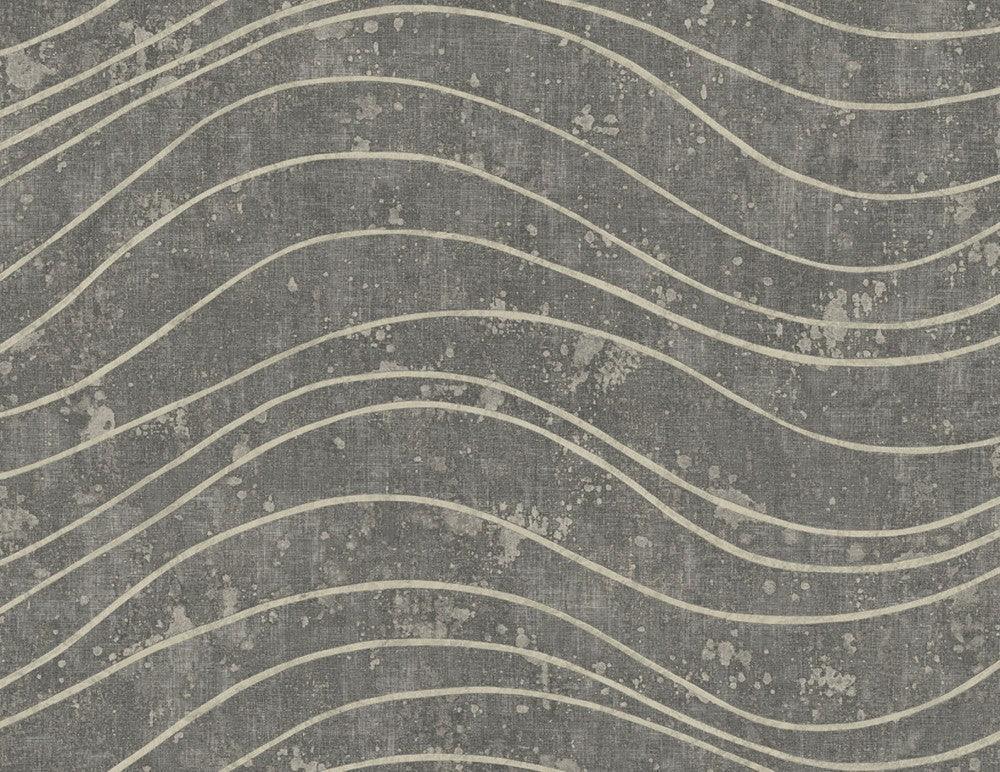Waves Effect Wallpaper features wavy cream lines and speckles on textured gray for a modern abstract look.