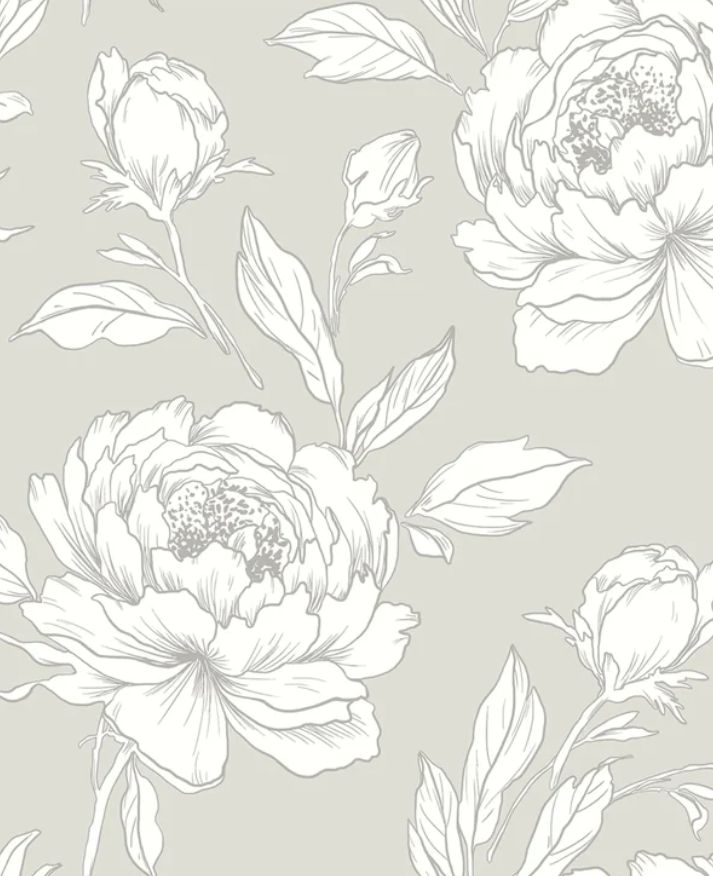 Line drawing of large peony flowers and leaves in white on a light gray background, creating an elegant, floral pattern.
