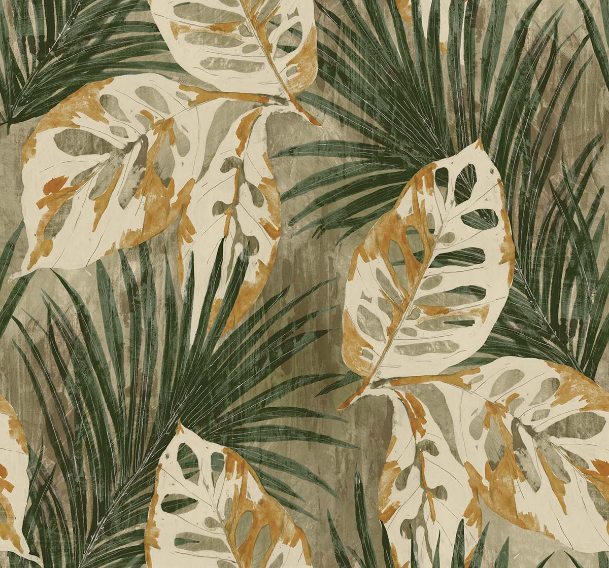 Tropical Bali Leaf Wallpaper with green, beige, and brown tropical leaves on a textured background.