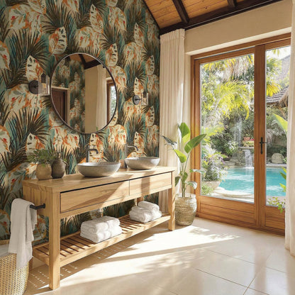 Bright bathroom with easy-install Tropical Bali Leaf Wallpaper, double sinks, and a pool view.