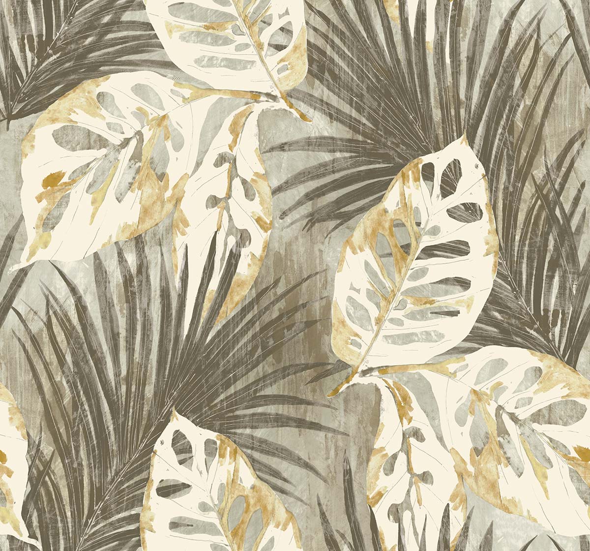Tropical Bali Leaf Wallpaper with beige and gold palm leaves on textured gray, removable non-woven material.