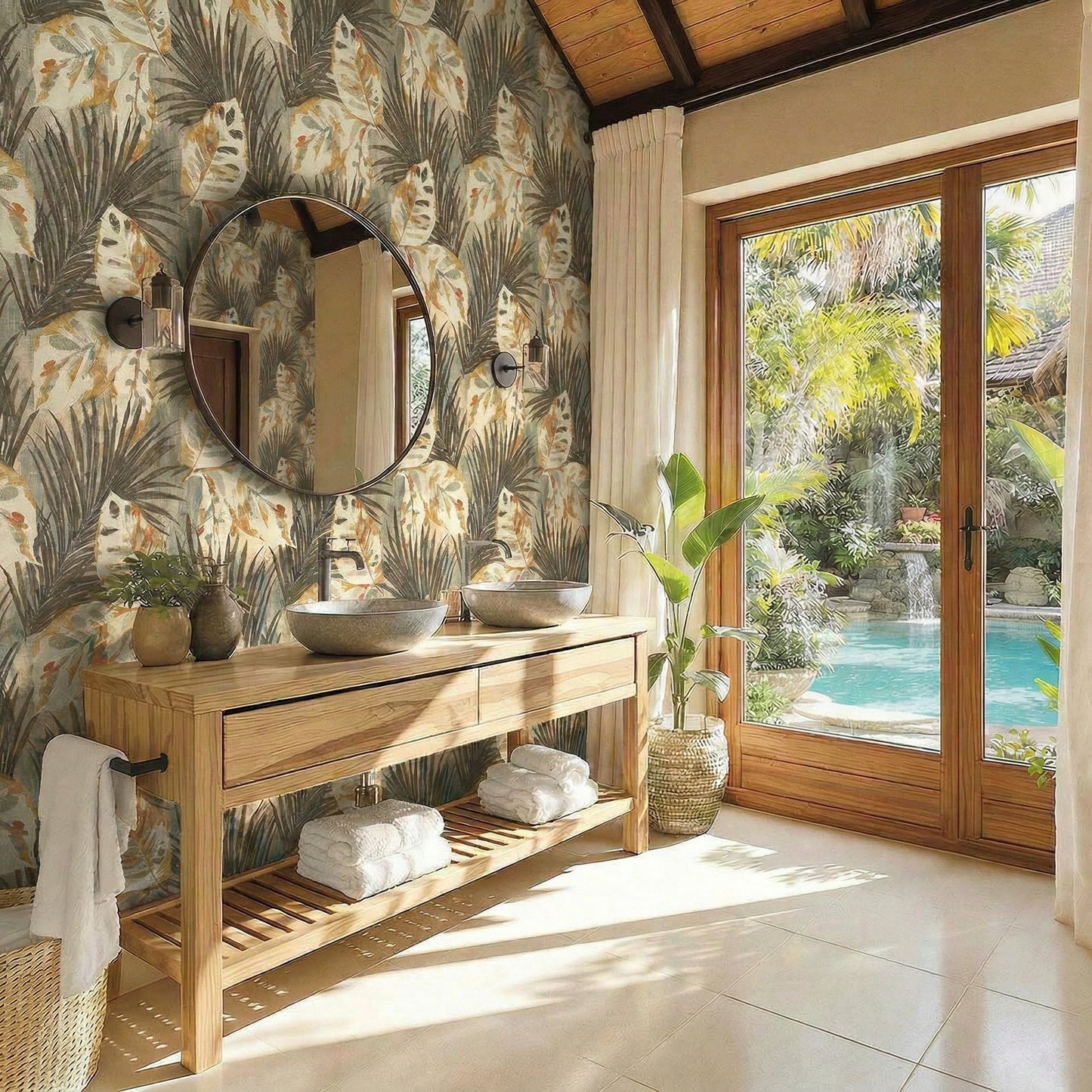Bathroom with easy-to-apply Tropical Bali Leaf Wallpaper, plus a round mirror and sunny poolside view.