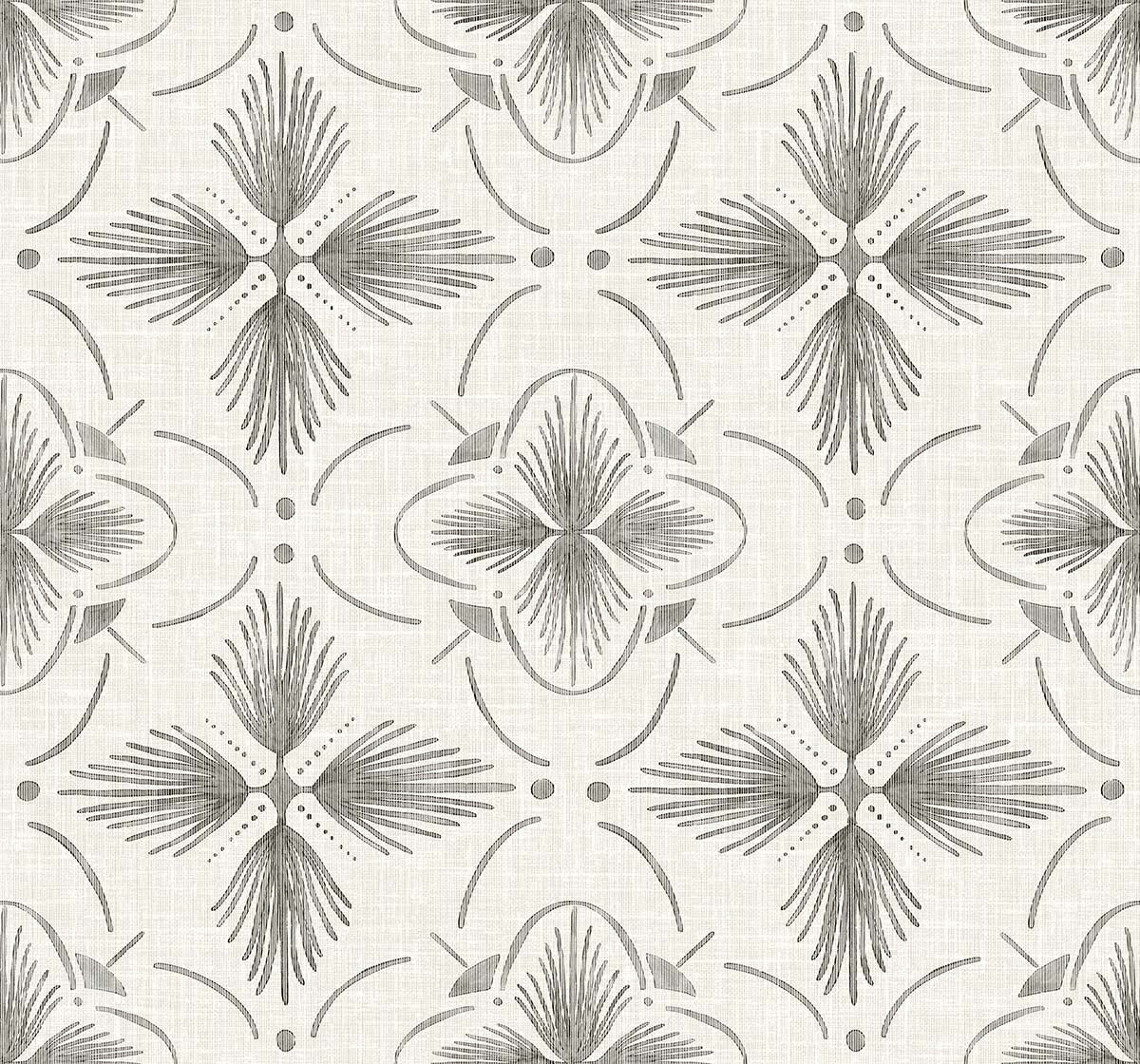 Tropical Bali Essence Grasscloth Naturals: modern gray geometric floral tile wallpaper with symmetrical lines and dots.