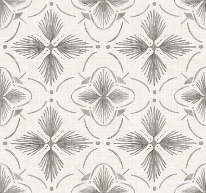 Tropical Bali Essence Grasscloth Naturals: modern gray geometric floral tile wallpaper with symmetrical lines and dots.