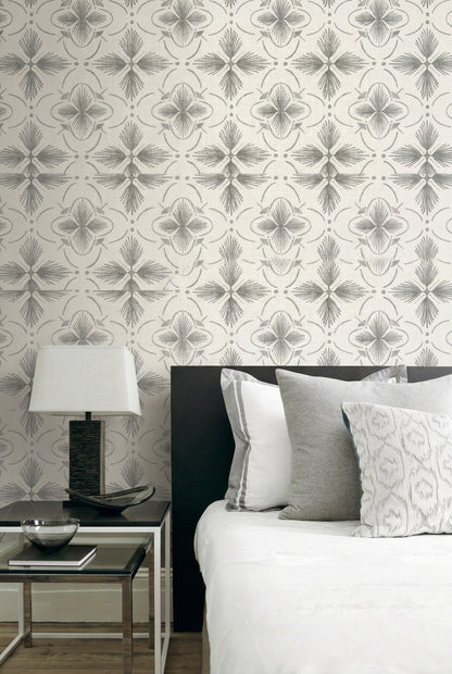 Modern bedroom with a black headboard, gray and white pillows, and Tropical Bali Essence Grasscloth wallpaper.