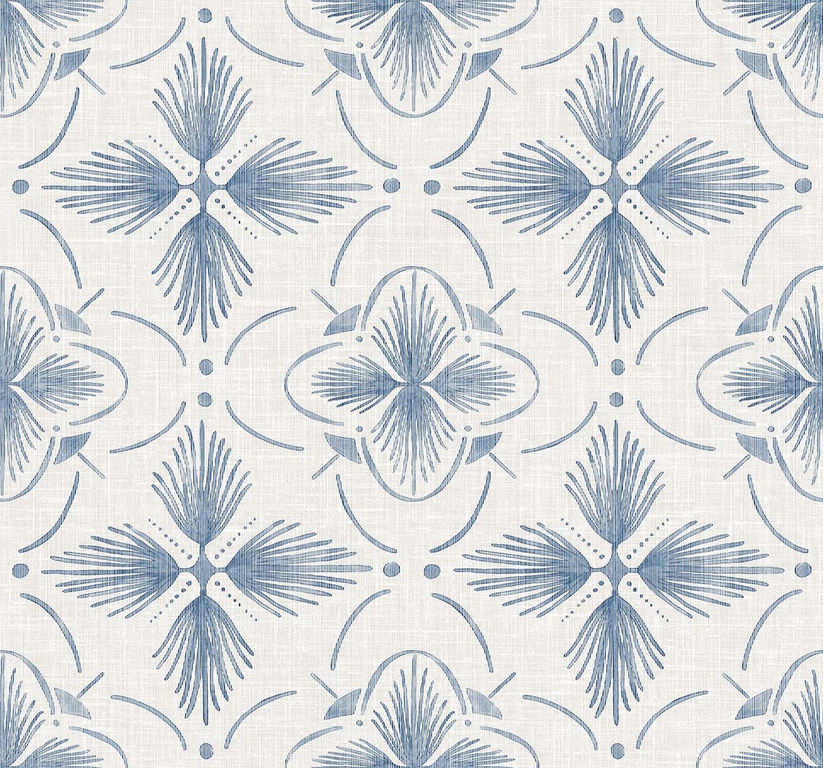 Tropical Bali Essence Grasscloth Naturals: blue and white geometric floral wallpaper with a modern textured background.
