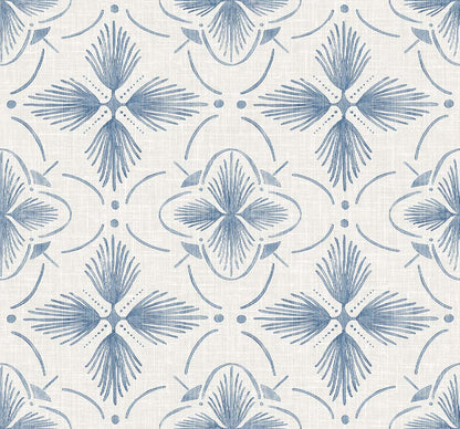 Tropical Bali Essence Grasscloth Naturals: blue and white geometric floral wallpaper with a modern textured background.