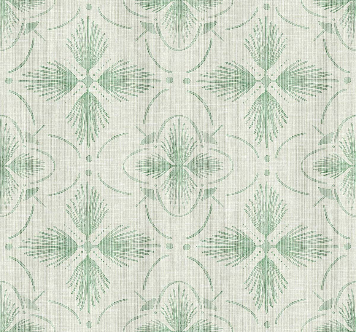 Tropical Bali Essence Grasscloth Naturals: light green geometric floral wallpaper on a light beige background.