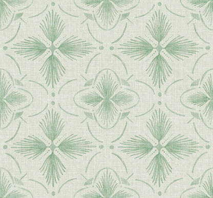 Tropical Bali Essence Grasscloth Naturals: light green geometric floral wallpaper on a light beige background.