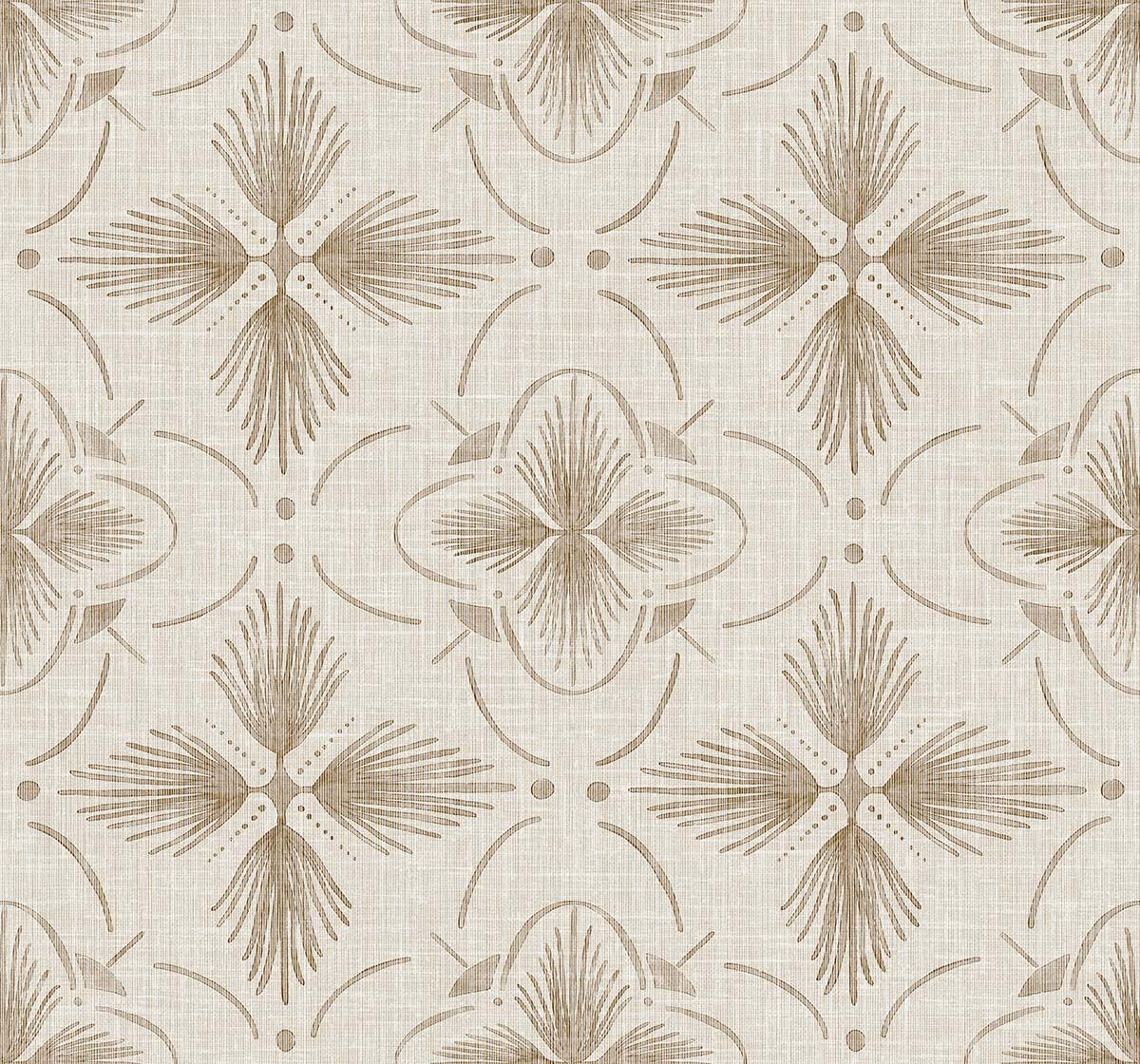 Tropical Bali Essence Grasscloth Naturals: beige and tan geometric floral wallpaper on textured string cloth, off-white base.
