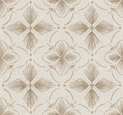 Tropical Bali Essence Grasscloth Naturals: beige and tan geometric floral wallpaper on textured string cloth, off-white base.