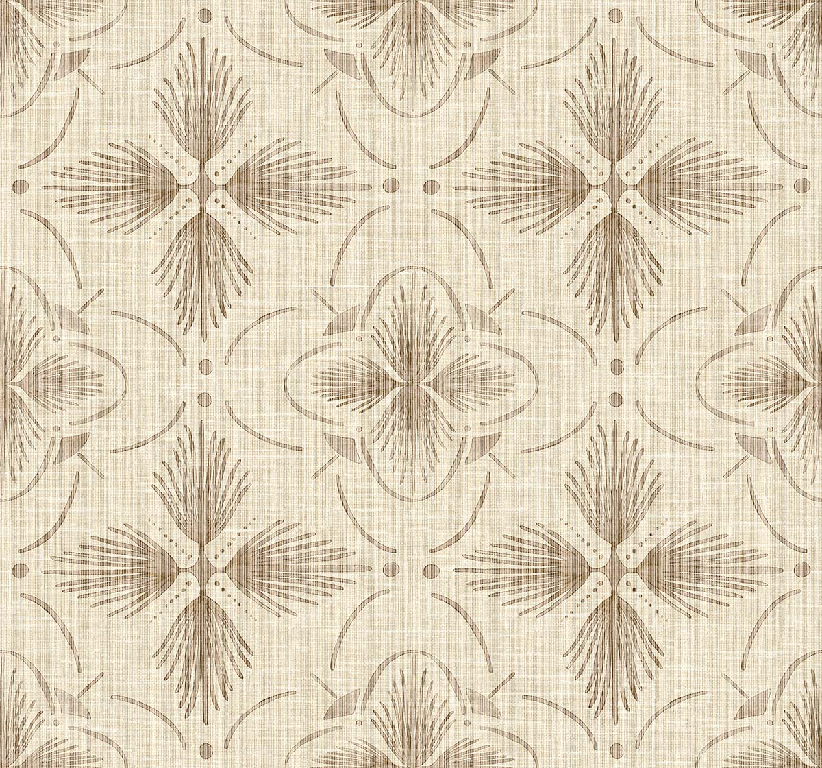 Tropical Bali Essence Grasscloth Naturals: Beige and light brown geometric floral wallpaper on a textured background.