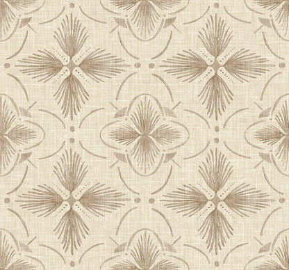 Tropical Bali Essence Grasscloth Naturals: Beige and light brown geometric floral wallpaper on a textured background.