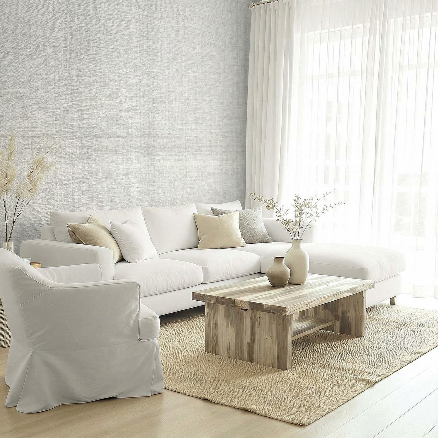 Bright living room with a white sofa, armchair, wooden coffee table, and Textured Plaid Commercial Vinyl curtains.